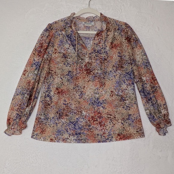 Vintage Teddi of California Floral Ruffle Neck Blouse 70s 80s Bohemian Large - Picture 2 of 8